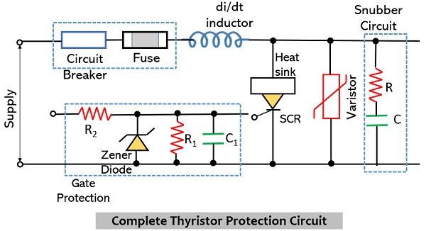 thyristor protection circuit with essential circuit components